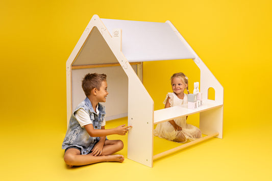 MeowBaby® White Wooden House for Kids - Pink Roof