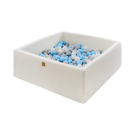 Square Ball Pit with Grey/Blue/White Balls - White Boucle