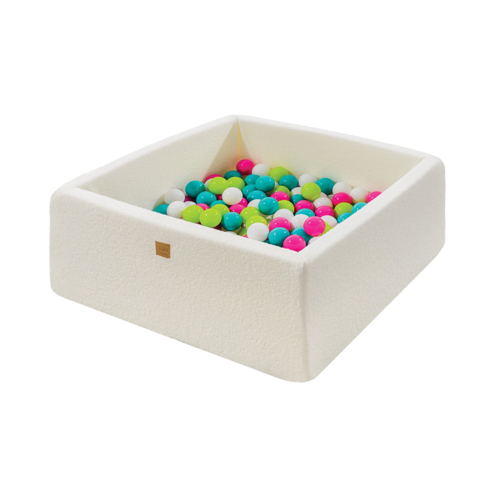 Square Ball Pit with Green/Blue/White/Pink Balls - White Boucle