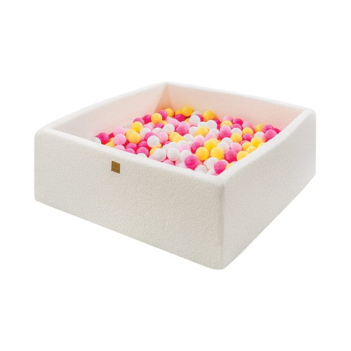 Square Ball Pit with Pink/Yellow/White Balls - White Boucle